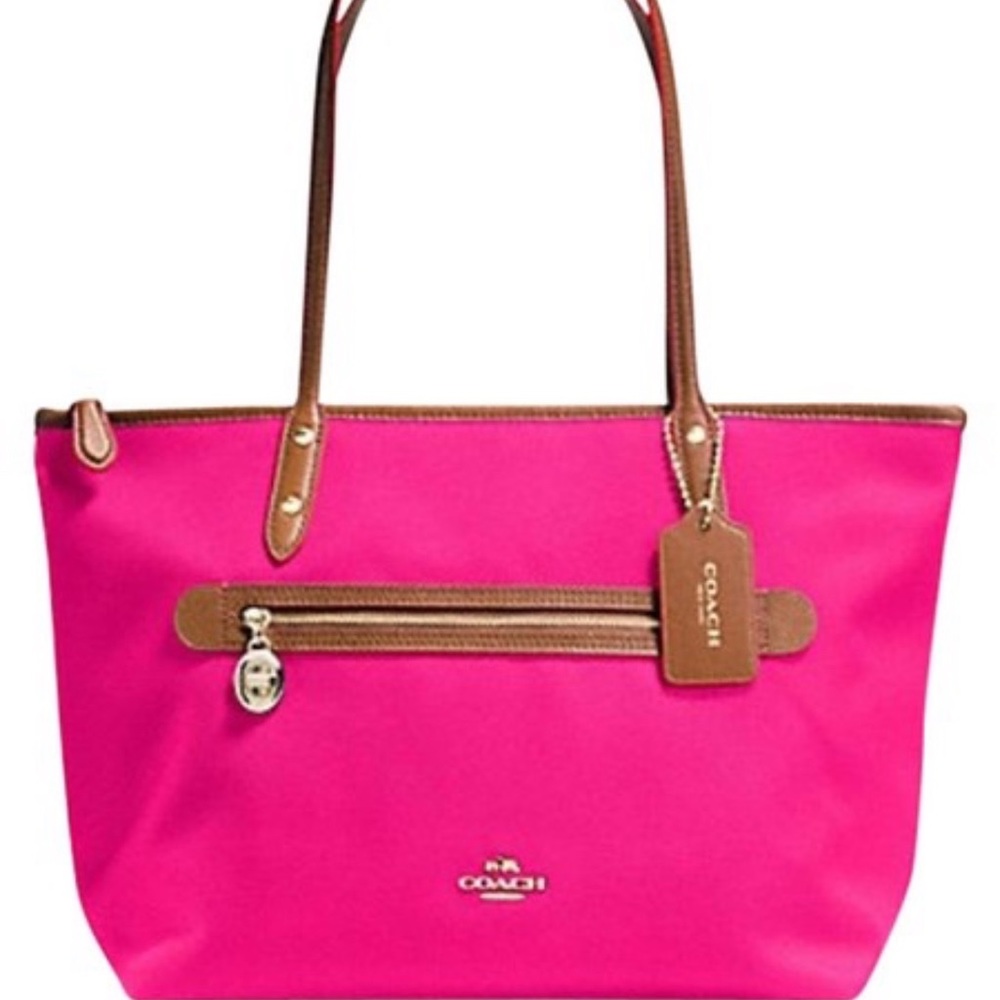Coach Sawyer Twill F37237 Tote Pink Ruby Polyester Tan Leather Trim
